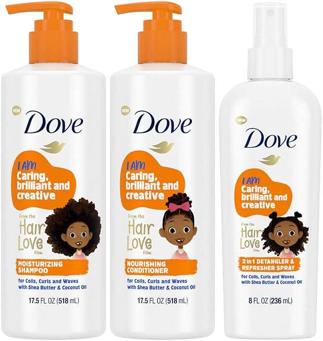 Dove Kids Shampoo & Conditioner Set with Shea Butter & Coconut Oil + 2-in-1 Detangler Spray, “Hair Love” Wavy, Coily, Curly Hair Products for Kids - Image 1