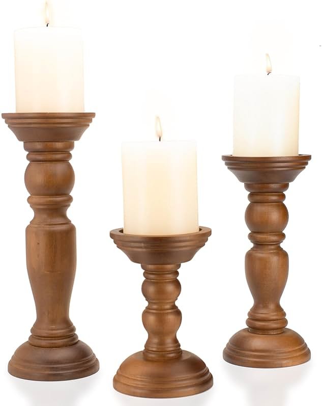 Rustic Wooden Pillar Candle Holders Set of 3, 12'' 9'' 6'' Farmhouse Wood Candle Stand for Table Centerpieces, Vintage Tall Candleholders Fireplace Mantel Decor for Living Room, Brown - Product Image