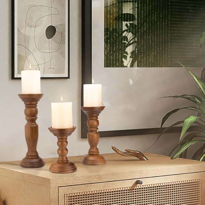 Rustic Wooden Pillar Candle Holders Set of 3, 12'' 9'' 6'' Farmhouse Wood Candle Stand for Table Centerpieces, Vintage Tall Candleholders Fireplace Mantel Decor for Living Room, Brown - Image 2