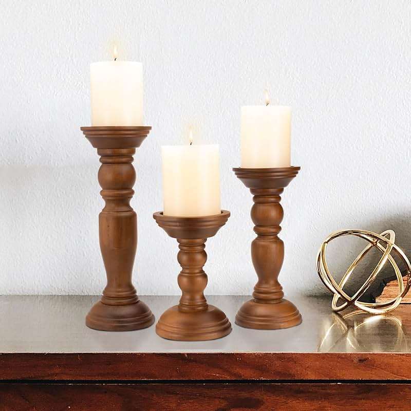 Rustic Wooden Pillar Candle Holders Set of 3, 12'' 9'' 6'' Farmhouse Wood Candle Stand for Table Centerpieces, Vintage Tall Candleholders Fireplace Mantel Decor for Living Room, Brown - Image 6