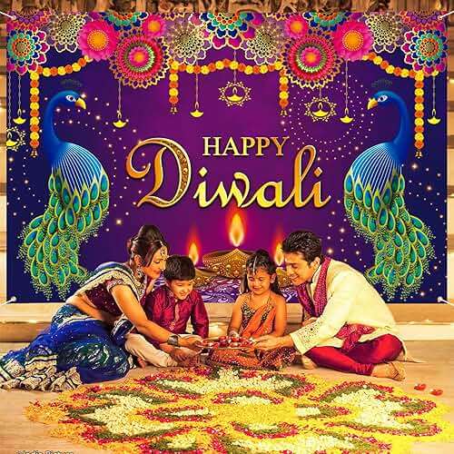 Extra Large Happy Diwali Banner 72" x 48" India Festival of Lights Peacock Diwali Backdrop Decorations Party Supplies Photography Background for Indoor Outdoor Garden,Yard,Party Home Decor - Image 5