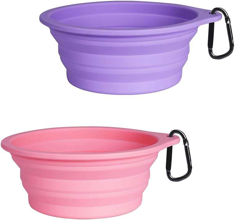 PetBonus 2-Pack Silicone Collapsible Dog Bowls, BPA Free Dishwasher Safe, Portable Foldable Expandable Travel Bowl, Food Water Feeding Cup Dish for Dogs Cats with 2 Carabiners (Purple, Pink) - Image 1