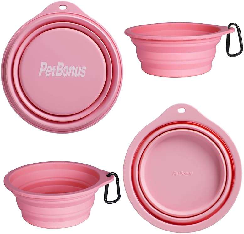 PetBonus 2-Pack Silicone Collapsible Dog Bowls, BPA Free Dishwasher Safe, Portable Foldable Expandable Travel Bowl, Food Water Feeding Cup Dish for Dogs Cats with 2 Carabiners (Purple, Pink) - Image 2