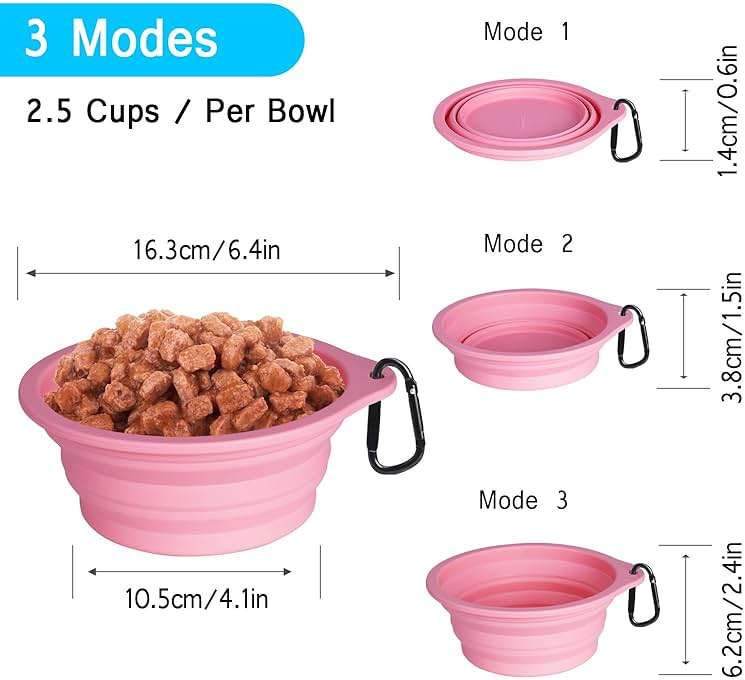 PetBonus 2-Pack Silicone Collapsible Dog Bowls, BPA Free Dishwasher Safe, Portable Foldable Expandable Travel Bowl, Food Water Feeding Cup Dish for Dogs Cats with 2 Carabiners (Purple, Pink) - Image 3