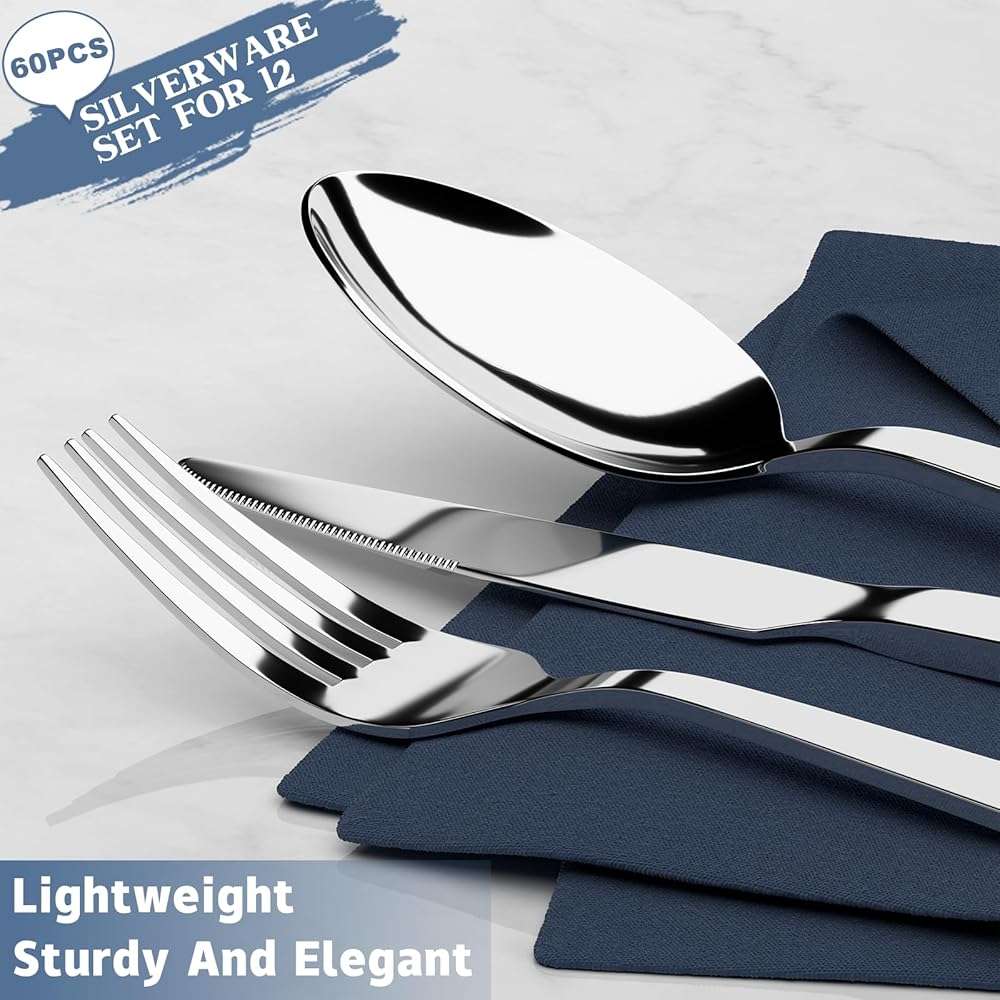 60 Piece Silverware Set For 12, Stainless Steel Flatware/Tableware Set Include Spoons/Forks/Knives, Yoehka Mirror Polished Cutlery Set For Home Kitchen Restaurant Hotel, Durable,Dishwasher Safe - Image 3
