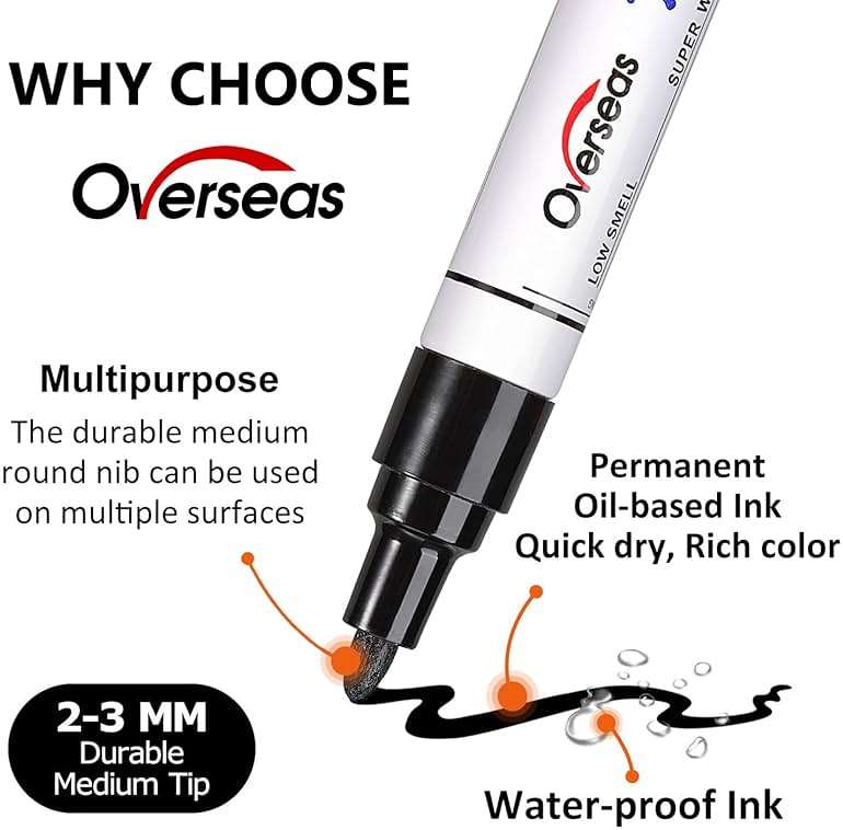 Overseas Permanent Paint Pens Paint Markers - 2 Pack White and Black Oil Based Markers, Quick Drying and Waterproof Marker Pen for Metal, Rock Painting, Wood, Rubber, Plastic, Canvas, Mug. Medium Tip - Image 2