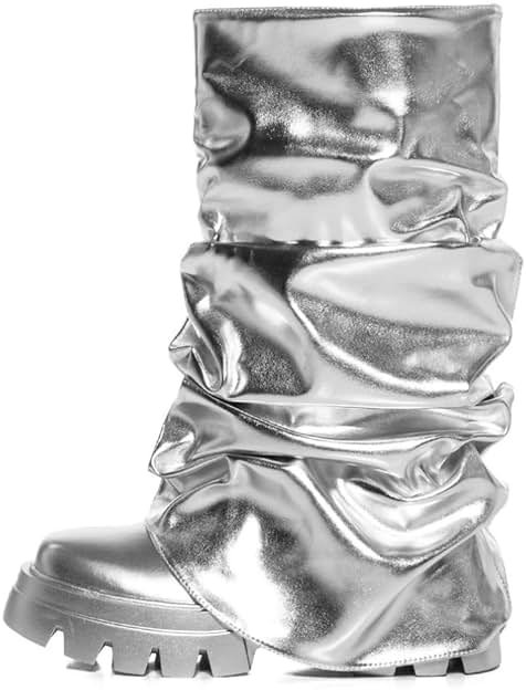 sexytag Women's Metallic Boots Slouchy Foldover Platform Round Toe Western Pull-On Fashion Boots - Product Image