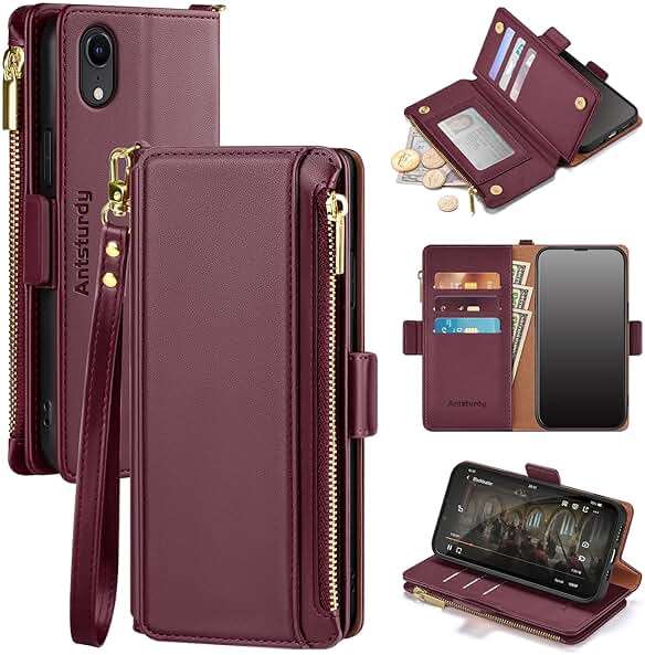 Antsturdy Compatible with iPhone XR Wallet Case,RFID Blocking PU Leather Phone Case Women Men Flip Shockproof Protective Cover with Wrist Strap Zipper Pocket Credit Card Holder Slots,Wine Red - Image 1