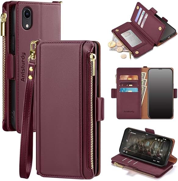 Antsturdy Compatible with iPhone XR Wallet Case,RFID Blocking PU Leather Phone Case Women Men Flip Shockproof Protective Cover with Wrist Strap Zipper Pocket Credit Card Holder Slots,Wine Red - Product Image