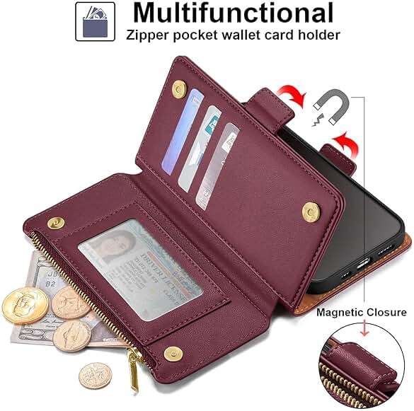 Antsturdy Compatible with iPhone XR Wallet Case,RFID Blocking PU Leather Phone Case Women Men Flip Shockproof Protective Cover with Wrist Strap Zipper Pocket Credit Card Holder Slots,Wine Red - Image 4