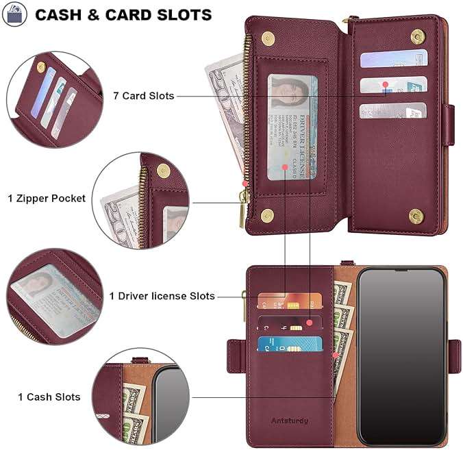 Antsturdy Compatible with iPhone XR Wallet Case,RFID Blocking PU Leather Phone Case Women Men Flip Shockproof Protective Cover with Wrist Strap Zipper Pocket Credit Card Holder Slots,Wine Red - Image 6