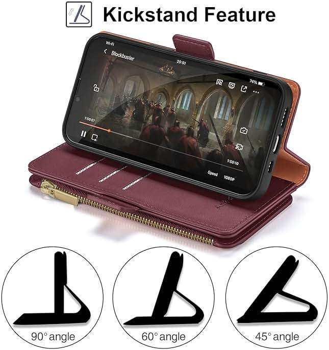 Antsturdy Compatible with iPhone XR Wallet Case,RFID Blocking PU Leather Phone Case Women Men Flip Shockproof Protective Cover with Wrist Strap Zipper Pocket Credit Card Holder Slots,Wine Red - Image 7