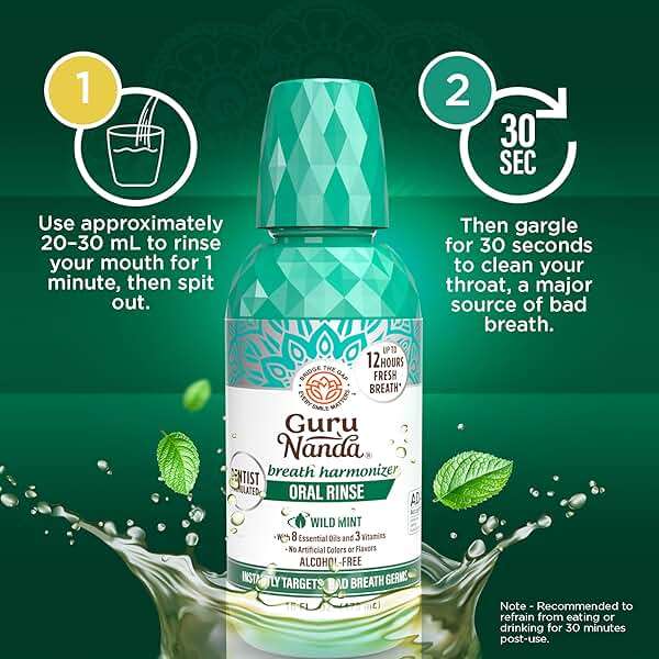 GuruNanda Oral Rinse Fresh Breath Mouthwash, ADA-Accepted Alcohol-Free Mouthwash, 7 Essential Oils & Vitamins, SLS & Flouride-Free, Wild Mint, 16 Oz - Image 6