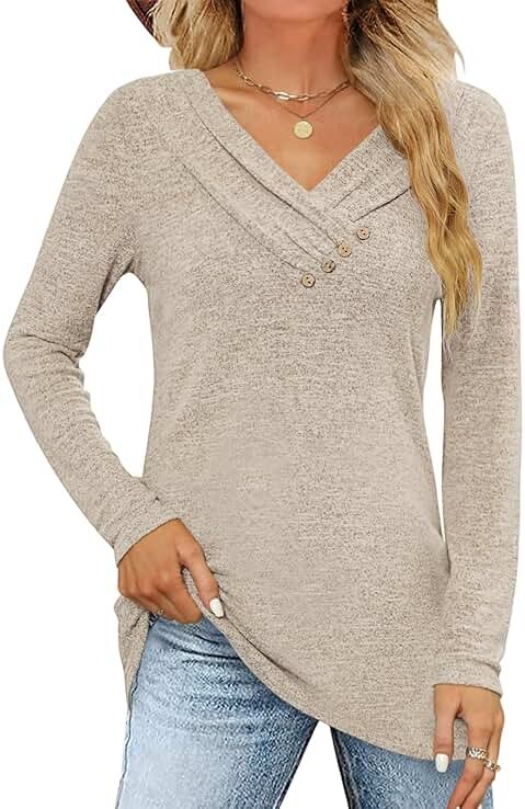 FMEYOA Women's Fall Long Sleeve Tunic Tops for Leggings V Neck Button Casual Blouse Sweatshirt - Product Image