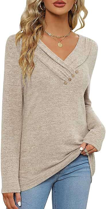 FMEYOA Women's Fall Long Sleeve Tunic Tops for Leggings V Neck Button Casual Blouse Sweatshirt - Image 3