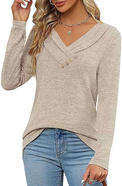 FMEYOA Women's Fall Long Sleeve Tunic Tops for Leggings V Neck Button Casual Blouse Sweatshirt - Image 4