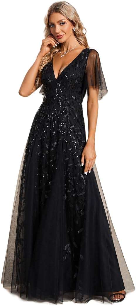 Ever-Pretty Women's Sequin Formal Dresses Evening Gown Sparkly V-Neck Short Sleeve Floor Length Mother of The Bride Dress 736 - Image 1