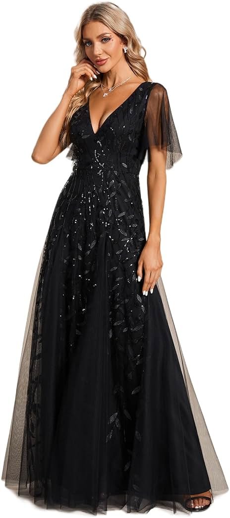 Ever-Pretty Women's Sequin Formal Dresses Evening Gown Sparkly V-Neck Short Sleeve Floor Length Mother of The Bride Dress 736 - Product Image