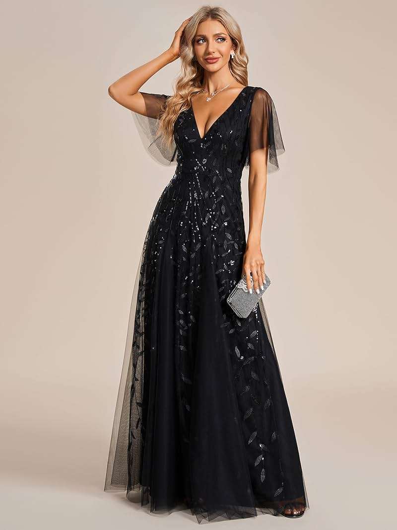 Ever-Pretty Women's Sequin Formal Dresses Evening Gown Sparkly V-Neck Short Sleeve Floor Length Mother of The Bride Dress 736 - Image 3