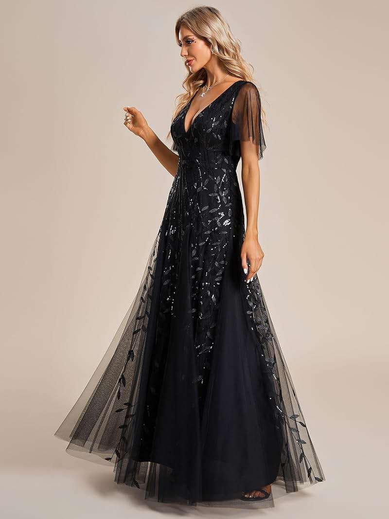Ever-Pretty Women's Sequin Formal Dresses Evening Gown Sparkly V-Neck Short Sleeve Floor Length Mother of The Bride Dress 736 - Image 4