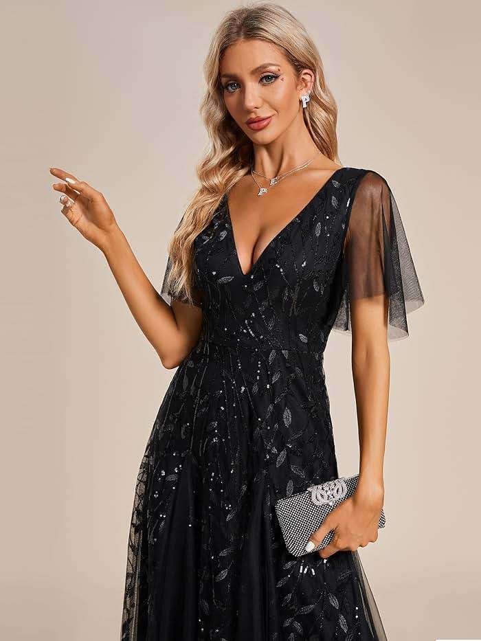 Ever-Pretty Women's Sequin Formal Dresses Evening Gown Sparkly V-Neck Short Sleeve Floor Length Mother of The Bride Dress 736 - Image 5