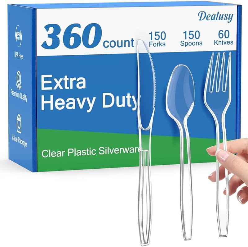 Dealusy 360 Count Extra Heavy Duty Clear Plastic Silverware, 150 Forks, 150 Spoons, 60 Knives, BPA-Free, Heat Resistant, Disposable Plastic Utensils Set, Plastic Cutlery Set, Plasticware Bulk - Product Image