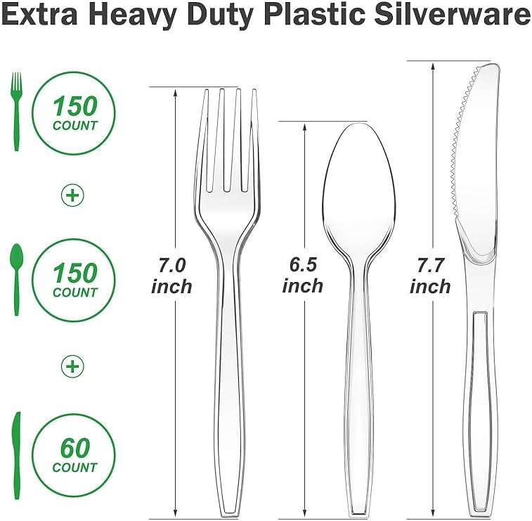 Dealusy 360 Count Extra Heavy Duty Clear Plastic Silverware, 150 Forks, 150 Spoons, 60 Knives, BPA-Free, Heat Resistant, Disposable Plastic Utensils Set, Plastic Cutlery Set, Plasticware Bulk - Image 3