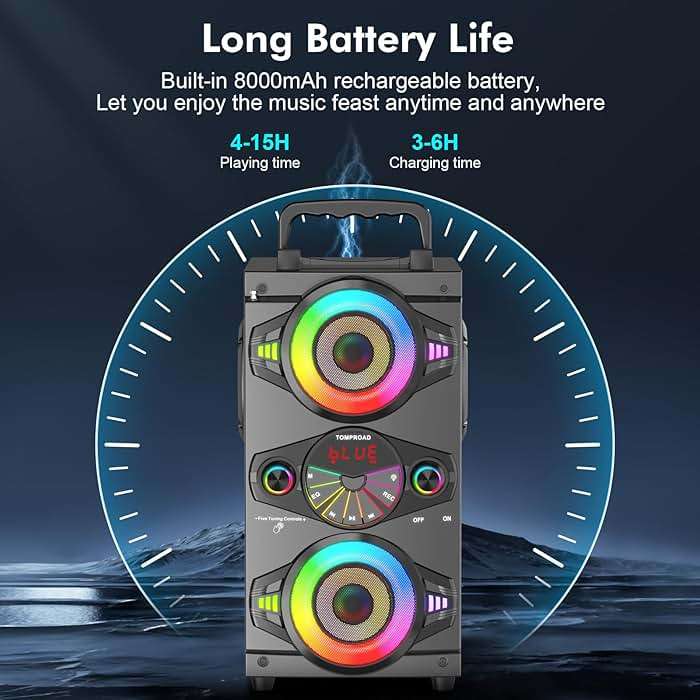 Bluetooth Speakers, 60W Portable Wireless Loud Outdoor Home Party Bluetooth Speaker with Subwoofer, FM Radio, LED Colorful Lights, Microphone, Remote and Big Powerful Stereo Deep Bass Sound Boombox - Image 4