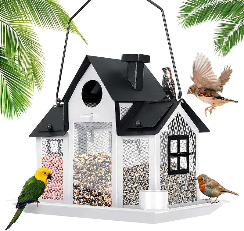 Solar Bird Feeders House for Outside Hanging, Metal Wild Bird Feeder for Outdoors Large Capacity Cardinal Birdfeeder Birdhouses Metal Bird Feeding Station White - Image 1
