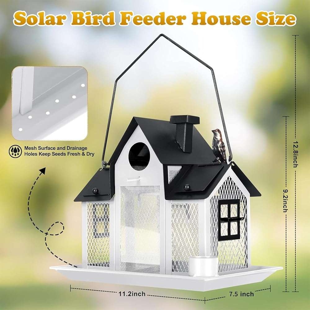 Solar Bird Feeders House for Outside Hanging, Metal Wild Bird Feeder for Outdoors Large Capacity Cardinal Birdfeeder Birdhouses Metal Bird Feeding Station White - Image 2
