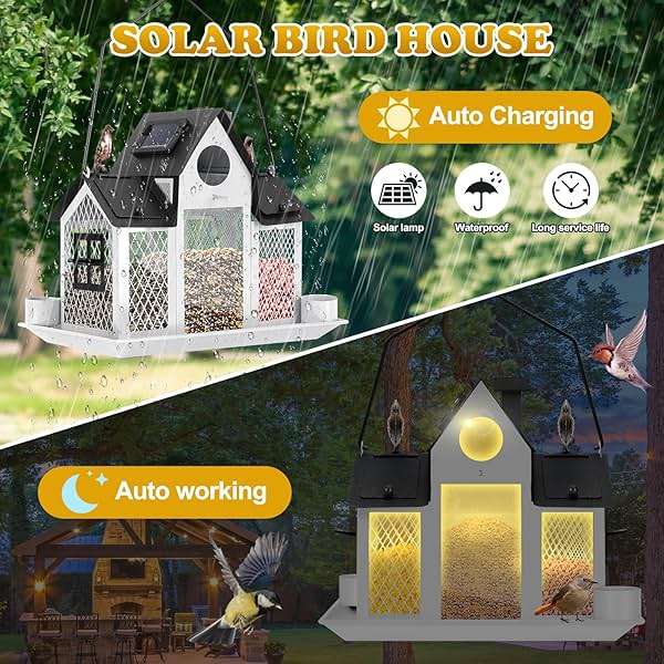 Solar Bird Feeders House for Outside Hanging, Metal Wild Bird Feeder for Outdoors Large Capacity Cardinal Birdfeeder Birdhouses Metal Bird Feeding Station White - Image 3