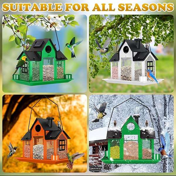Solar Bird Feeders House for Outside Hanging, Metal Wild Bird Feeder for Outdoors Large Capacity Cardinal Birdfeeder Birdhouses Metal Bird Feeding Station White - Image 5