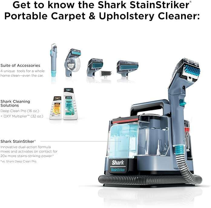 Shark StainStriker | Portable Carpet, Upholstery & Area Rug Cleaner | 4 Tools | Bonus Full-Size Solutions | Powerful Stain & Odor Remover | Deep Clean & OXY Solutions | Blue | PX202BRN - Image 9