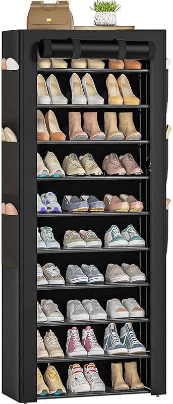 OYREL Large Shoe Rack, Black, 6 Side Pockets, 23.6" Wide x 11.4" Deep x 68.9" Tall, 36-41 Pairs of Shoes - Image 1