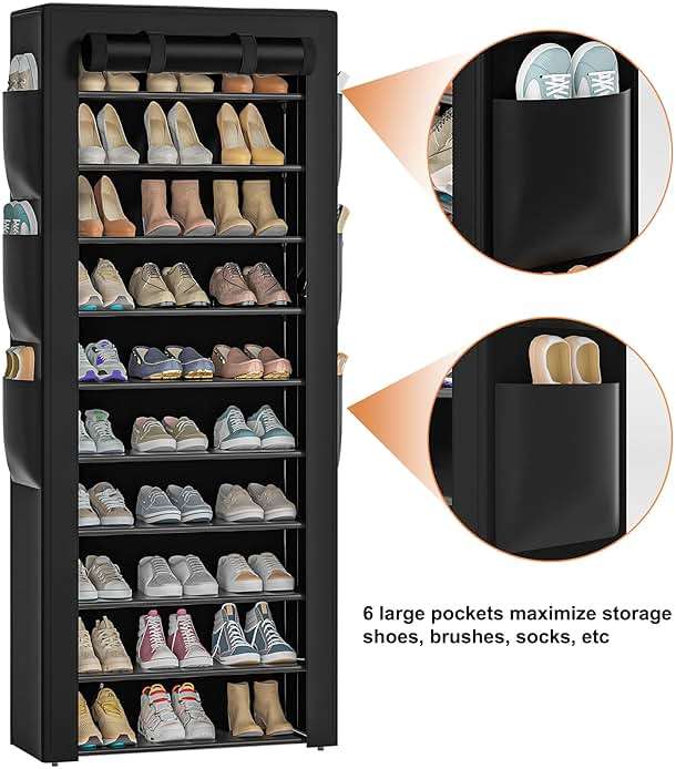 OYREL Large Shoe Rack, Black, 6 Side Pockets, 23.6" Wide x 11.4" Deep x 68.9" Tall, 36-41 Pairs of Shoes - Image 4