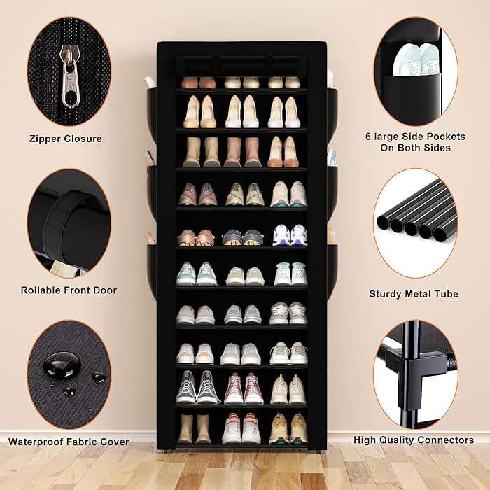 OYREL Large Shoe Rack, Black, 6 Side Pockets, 23.6" Wide x 11.4" Deep x 68.9" Tall, 36-41 Pairs of Shoes - Image 8