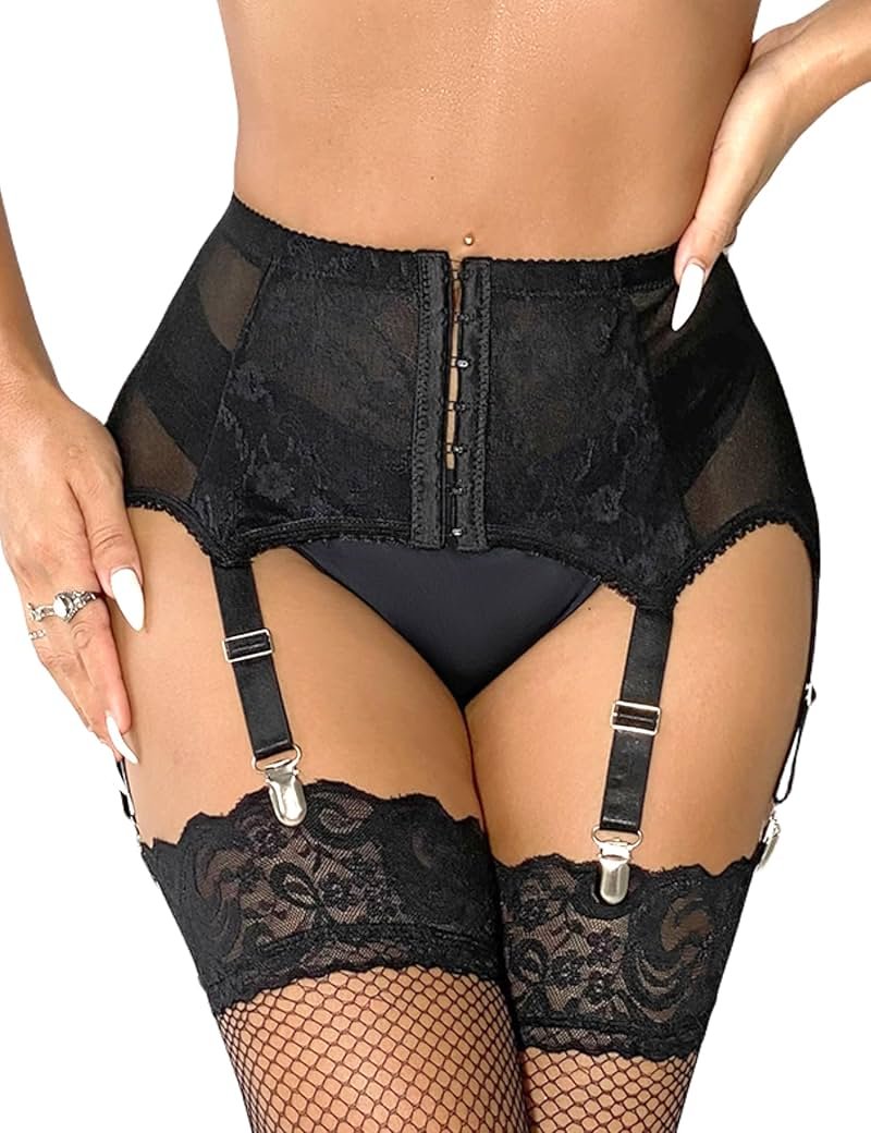 Lace Garter Belts for Thigh Highs Plus Size Suspender Belt Garter Belt Set Sexy Garters Lingerie with 6 Strap Slip - Product Image