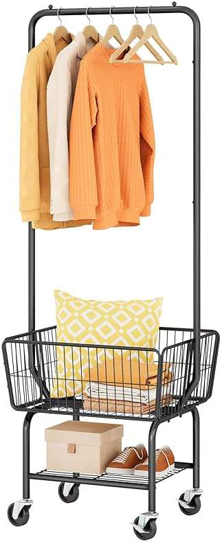 Tajsoon Laundry Cart with Hanging Rack, Metal Laundry Basket with Wheels, Laundry Hamper with Storage Basket and Shelf, Rolling Laundry Cart with Wheels, Black - Image 1