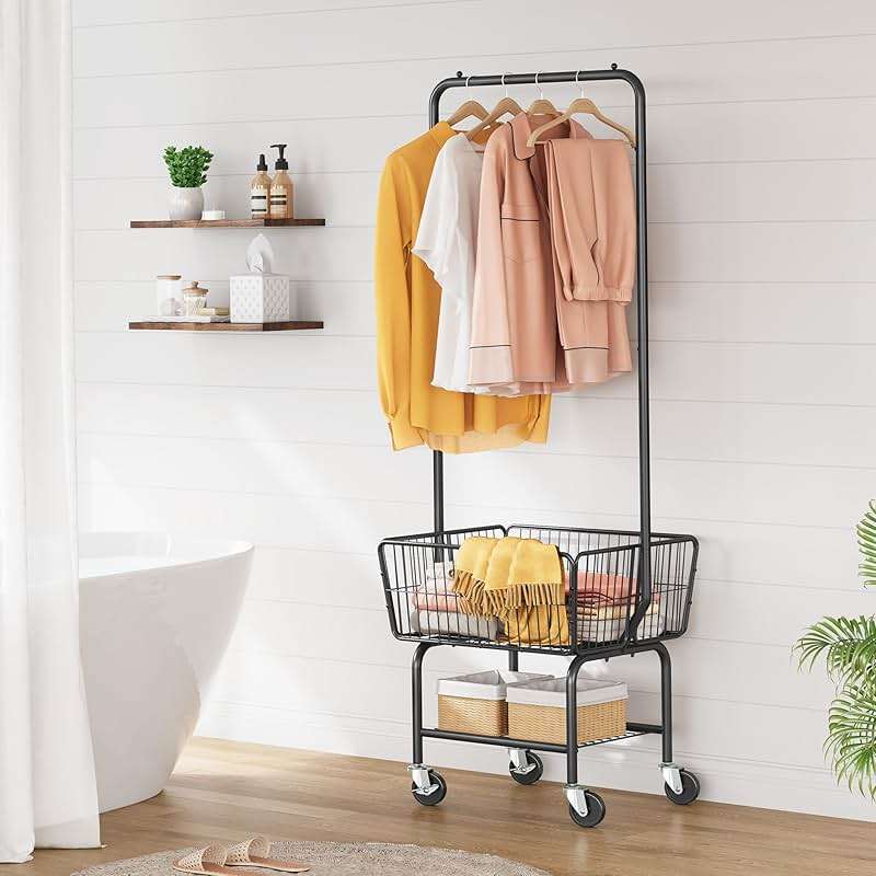 Tajsoon Laundry Cart with Hanging Rack, Metal Laundry Basket with Wheels, Laundry Hamper with Storage Basket and Shelf, Rolling Laundry Cart with Wheels, Black - Image 2