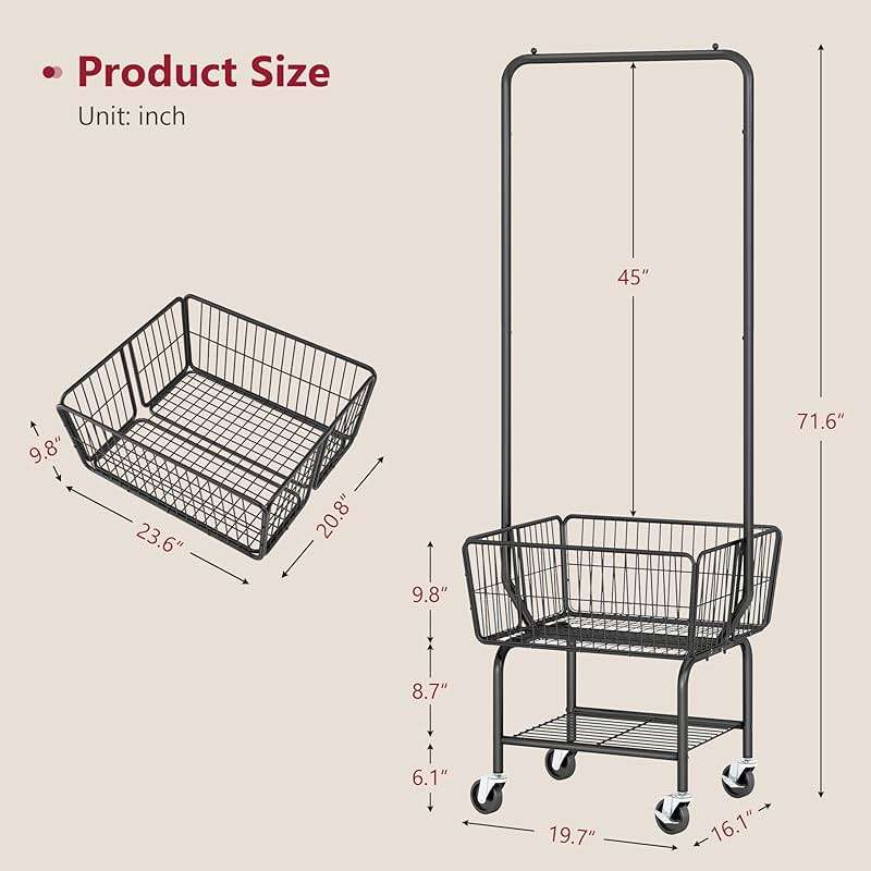 Tajsoon Laundry Cart with Hanging Rack, Metal Laundry Basket with Wheels, Laundry Hamper with Storage Basket and Shelf, Rolling Laundry Cart with Wheels, Black - Image 3