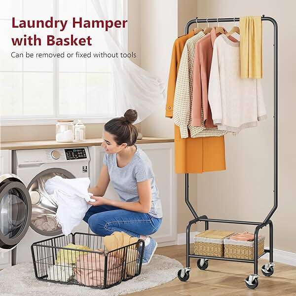 Tajsoon Laundry Cart with Hanging Rack, Metal Laundry Basket with Wheels, Laundry Hamper with Storage Basket and Shelf, Rolling Laundry Cart with Wheels, Black - Image 4