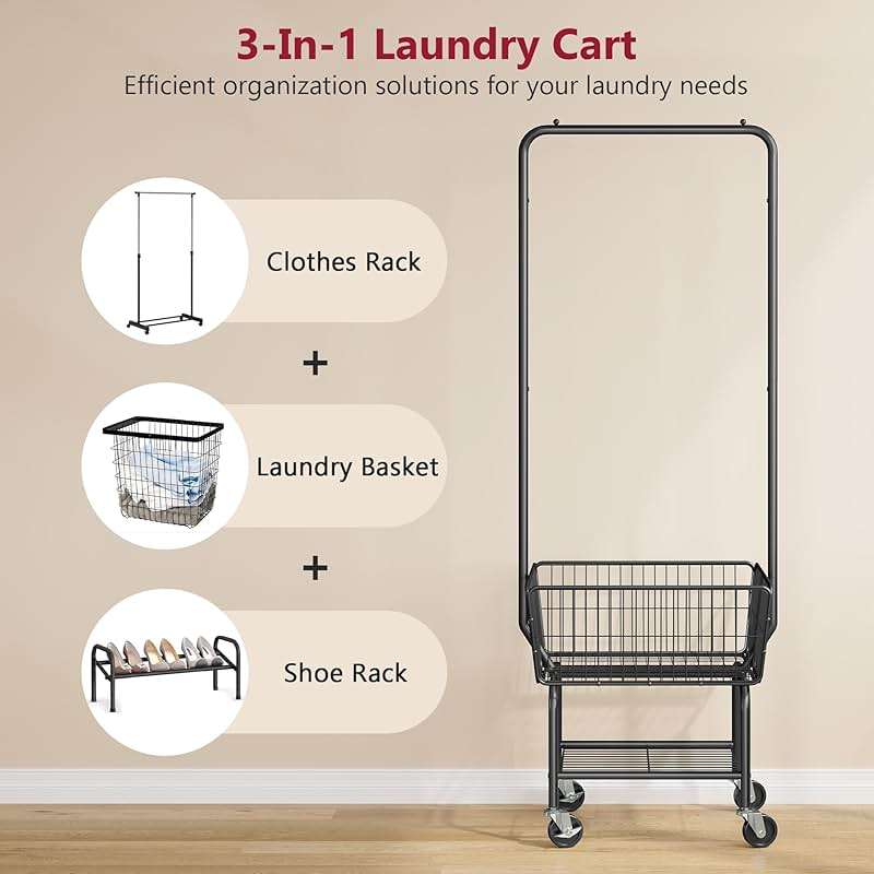 Tajsoon Laundry Cart with Hanging Rack, Metal Laundry Basket with Wheels, Laundry Hamper with Storage Basket and Shelf, Rolling Laundry Cart with Wheels, Black - Image 5