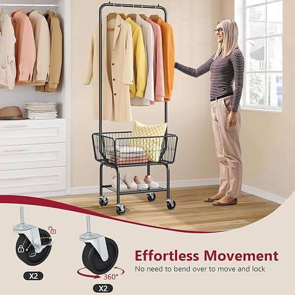 Tajsoon Laundry Cart with Hanging Rack, Metal Laundry Basket with Wheels, Laundry Hamper with Storage Basket and Shelf, Rolling Laundry Cart with Wheels, Black - Image 6