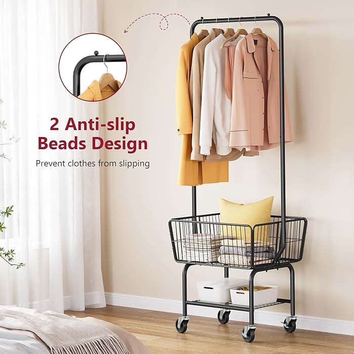 Tajsoon Laundry Cart with Hanging Rack, Metal Laundry Basket with Wheels, Laundry Hamper with Storage Basket and Shelf, Rolling Laundry Cart with Wheels, Black - Image 7