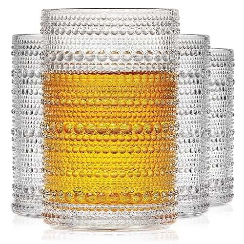 OPAYLY hobnail drinking glasses Highball Glasses Set of 4 12oZ Embossed Vintage Drinking Water Cocktail Whiskey Beverages Juice Milk Soda Gift for Men Women - Product Image