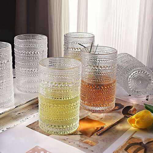 OPAYLY hobnail drinking glasses Highball Glasses Set of 4 12oZ Embossed Vintage Drinking Water Cocktail Whiskey Beverages Juice Milk Soda Gift for Men Women - Image 2