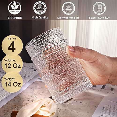 OPAYLY hobnail drinking glasses Highball Glasses Set of 4 12oZ Embossed Vintage Drinking Water Cocktail Whiskey Beverages Juice Milk Soda Gift for Men Women - Image 3