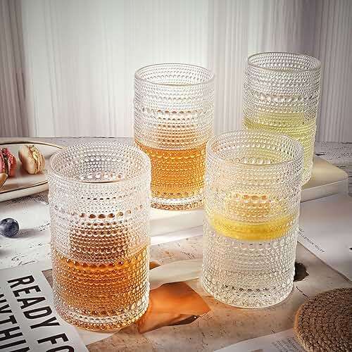 OPAYLY hobnail drinking glasses Highball Glasses Set of 4 12oZ Embossed Vintage Drinking Water Cocktail Whiskey Beverages Juice Milk Soda Gift for Men Women - Image 4