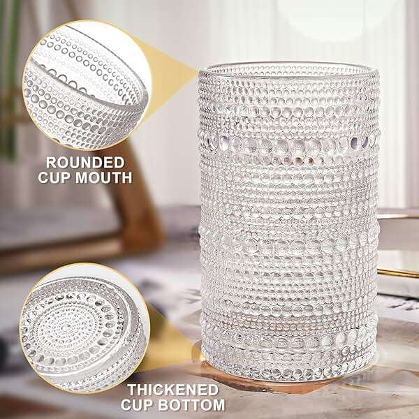 OPAYLY hobnail drinking glasses Highball Glasses Set of 4 12oZ Embossed Vintage Drinking Water Cocktail Whiskey Beverages Juice Milk Soda Gift for Men Women - Image 5