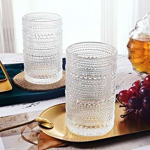 OPAYLY hobnail drinking glasses Highball Glasses Set of 4 12oZ Embossed Vintage Drinking Water Cocktail Whiskey Beverages Juice Milk Soda Gift for Men Women - Image 7